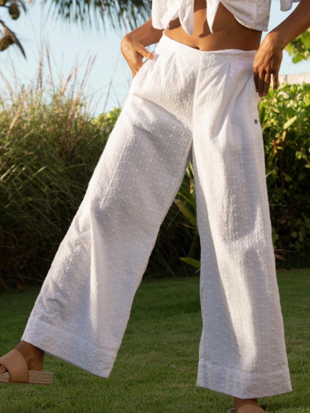 Roxy White Eyelet Wide Leg Pants - Relaxed Summer Fit